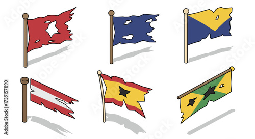 Torn flags on poles with unique patterns in cartoon style