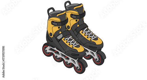 Yellow inline skates with black accents and red wheels in detailed drawing