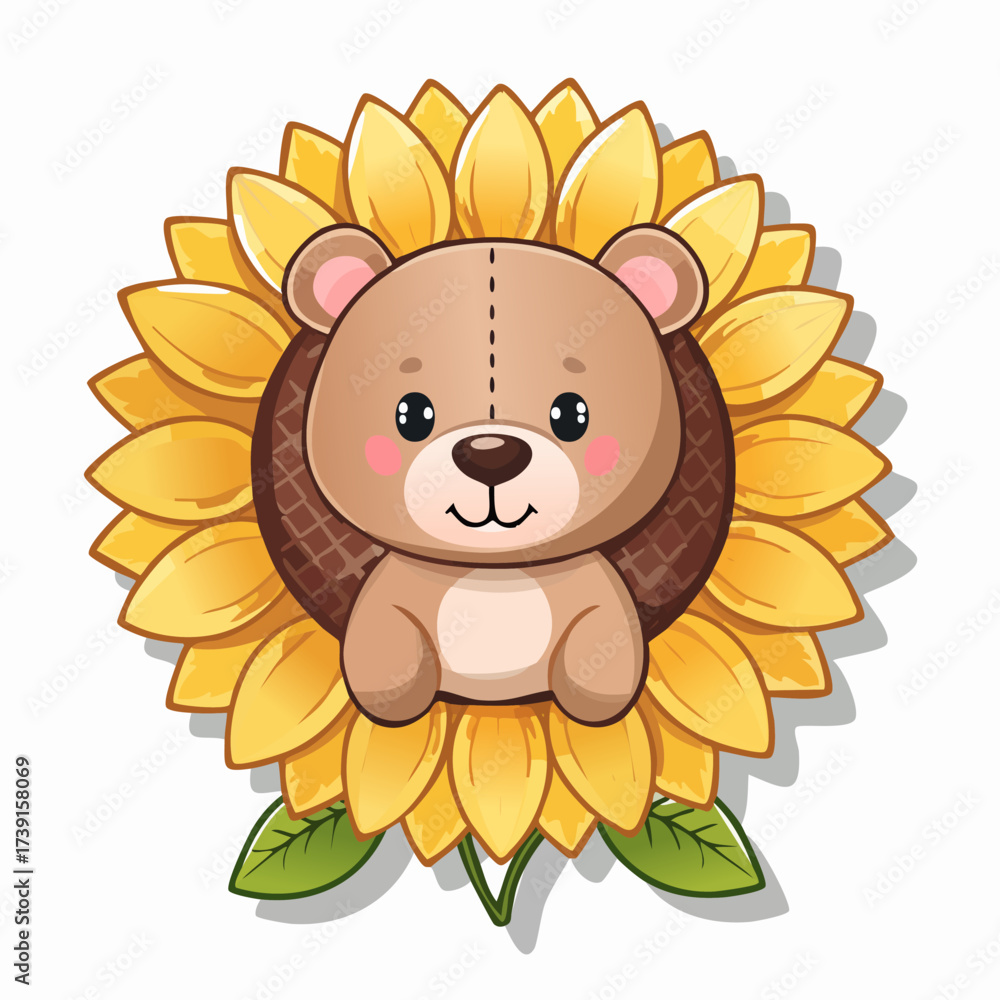 Fototapeta premium Charming teddy bear illustration surrounded by vibrant sunflowers and delicate fireflies perfect for children s designs and whimsical themes