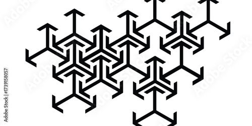 Black and white geometric pattern with arrows forming a complex interwoven design.