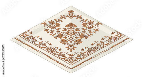 Intricate floral embroidery design with ornate border on beige fabric square