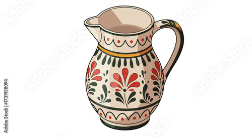 Decorative ceramic jug with floral pattern and handle on white background