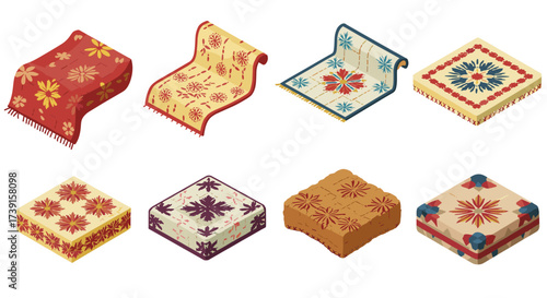 Cozy textile patterns with intricate floral motifs in isometric style