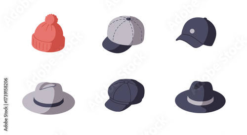 Stylish headwear collection: caps, beanies, and fedoras in modern flat design