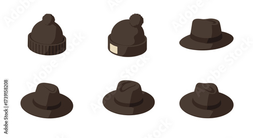 Collection of various brown hats in isometric style on white background