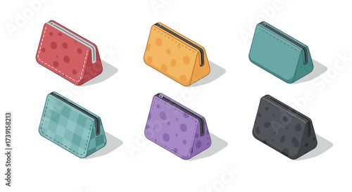 Colorful isometric bags with polka dot and plaid patterns on white background