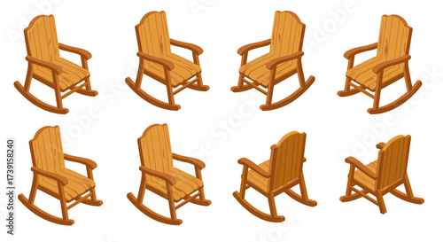 Isometric wooden rocking chairs set with various angles and designs