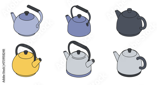 Collection of isometric teapots in various colors and designs