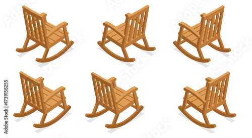 Isometric wooden rocking chairs set on white background
