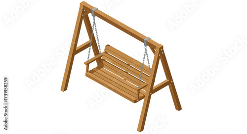 Isometric wooden swing set with a-frame design and chains