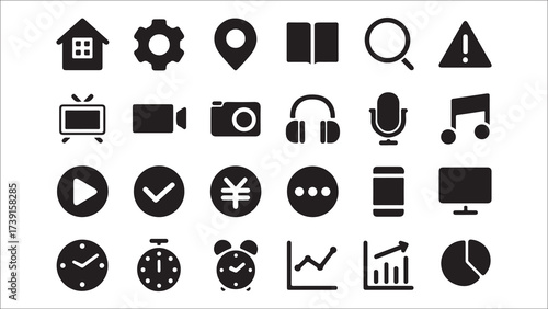 This image displays a collection of 24 black, simple, and modern icons arranged in a grid of four rows and six columns. The icons represent a variety of common digital functions and objects, including