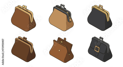 Vintage coin purses collection in isometric style with varied designs and colors