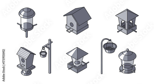 Isometric birdhouses collection: diverse designs for gardens