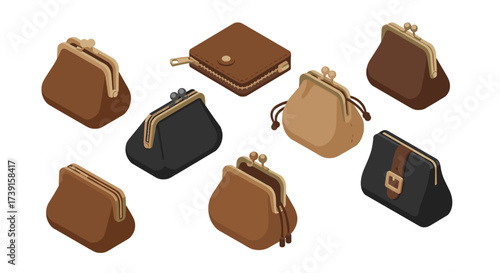 Isometric coin purses and wallets collection in various shades and designs