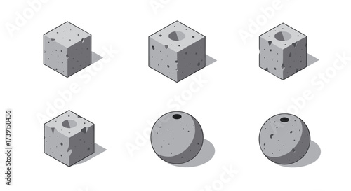 Isometric geometric shapes with dimples on white background