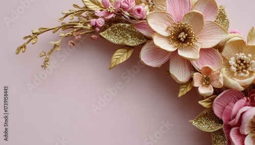 Delicate arrangement of pastel pink and gold flowers.