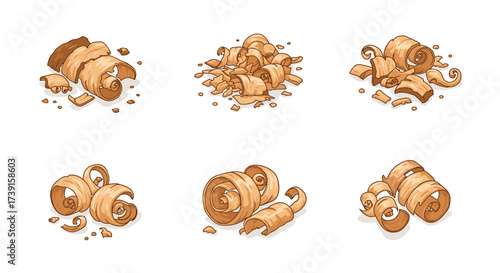 Collection of wood shavings in cartoon style for carpentry and craft projects