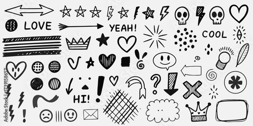 Collection of hand drawn doodle elements including hearts stars lightning bolts skulls arrows and speech bubbles