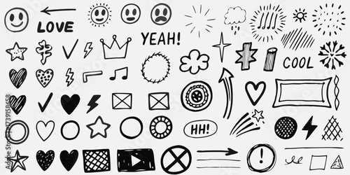 Collection of hand drawn black doodle icons and symbols on white background