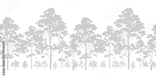 Seamless pattern of stylized grey trees and foliage against a white background