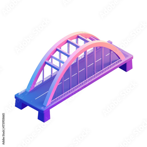Isometric illustration features a brightly colored, arch-shaped bridge spanning an unseen void, rendered in vibrant shades of purple, pink, and blue with a contrasting black background.