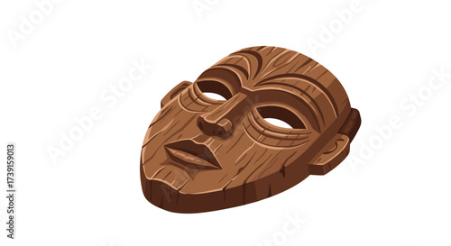 Carved wooden face mask with tribal design on white background