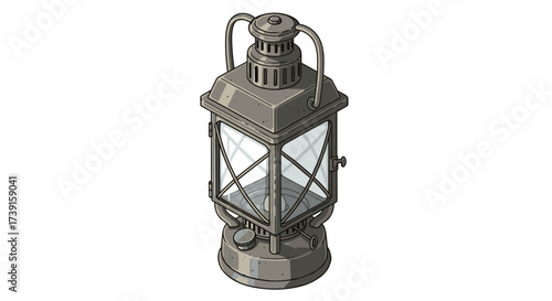 Vintage lantern with glass panels in detailed isometric design