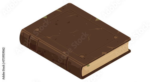Antique grungy brown book with vintage cover art on white background