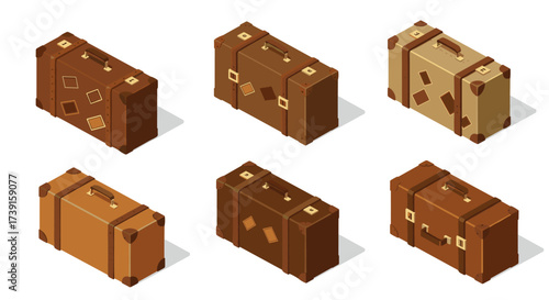 Vintage suitcases set in isometric style on white background