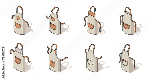 Isometric kitchen aprons assortment with pockets and adjustable straps