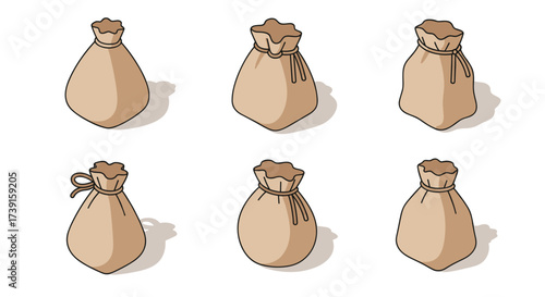 Variety of paper bags with rope ties in minimalist cartoon style