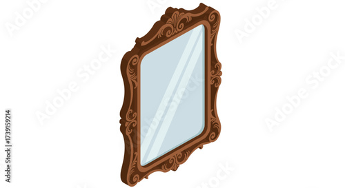 Ornate wooden framed mirror with reflective glass in isometric style
