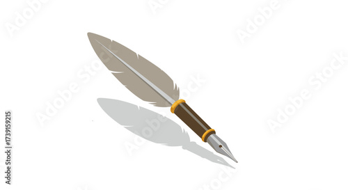 Elegant feather quill pen in isometric style on white background
