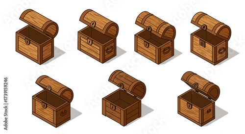 Isometric wooden treasure chests set in various open and closed positions