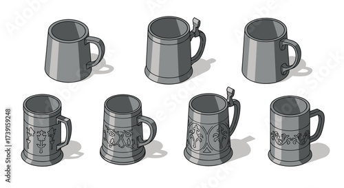 Isometric medieval tankards with ornate designs on white background