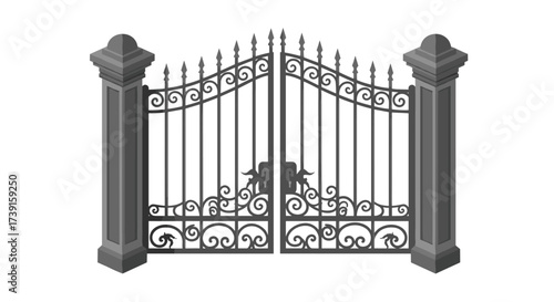 Elegant iron gate with decorative fence and stone pillars in isometric style