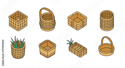 Isometric wicker basket collection: diverse shapes for decorative and practical uses