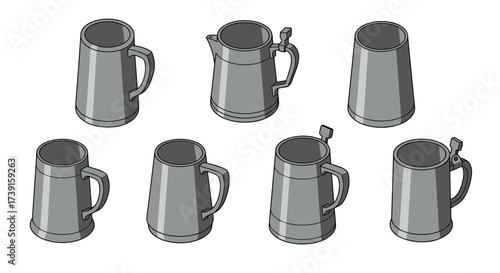 Isometric gray metal mugs and teapot set on white background