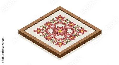 Floral embroidery design with geometric frame in red and green decor