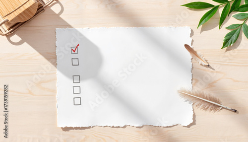 Empty checklist with checkmark and feathers on wooden table  