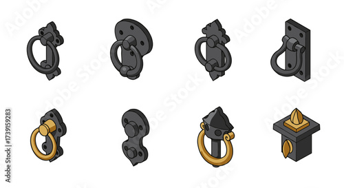 Antique door knockers set in isometric style with vintage designs