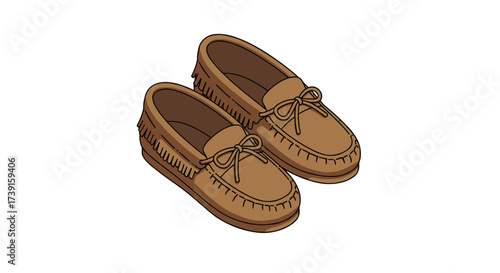 Detailed brown loafers with tassels and stitches in cartoon style