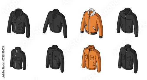 Isometric set of stylish jackets - fashionable outerwear in black and orange