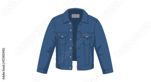 Classic blue denim jacket with detailed stitching on a plain background