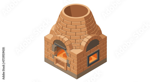 Isometric brick pizza oven with open fire on white background