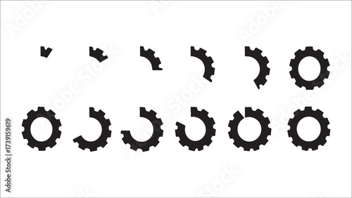 This image displays a sequence of black gear shapes against a white background. The gears progress from a small, incomplete segment to a full, complete gear. This visual progression suggests a process