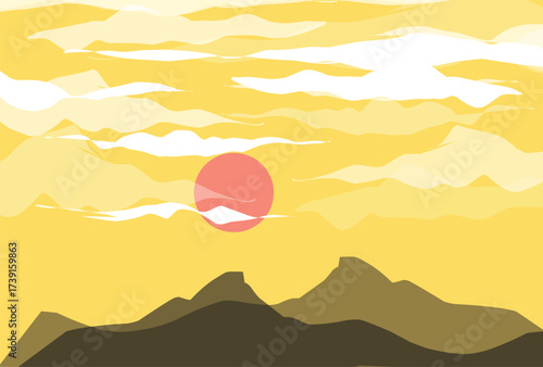 landscape illustration of mountains with sunset and yellow cloudy sky.eps