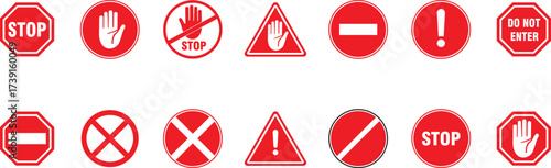 Collection of red road signs for prohibition warning and information isolated on vector