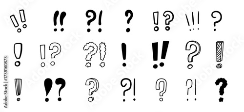 Hand drawn doodle exclamation and question marks, isolated on white background. Vector illustrations perfect for comics, messages, social media, and expressive design projects.