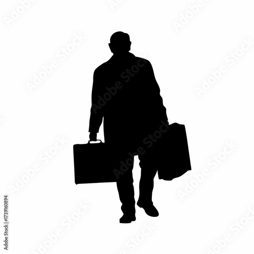 Silhouette of a man carrying a heavy suitcase isolated on white background